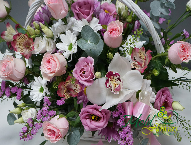 Elegant Basket with Orchids, Eustoma, and Roses photo